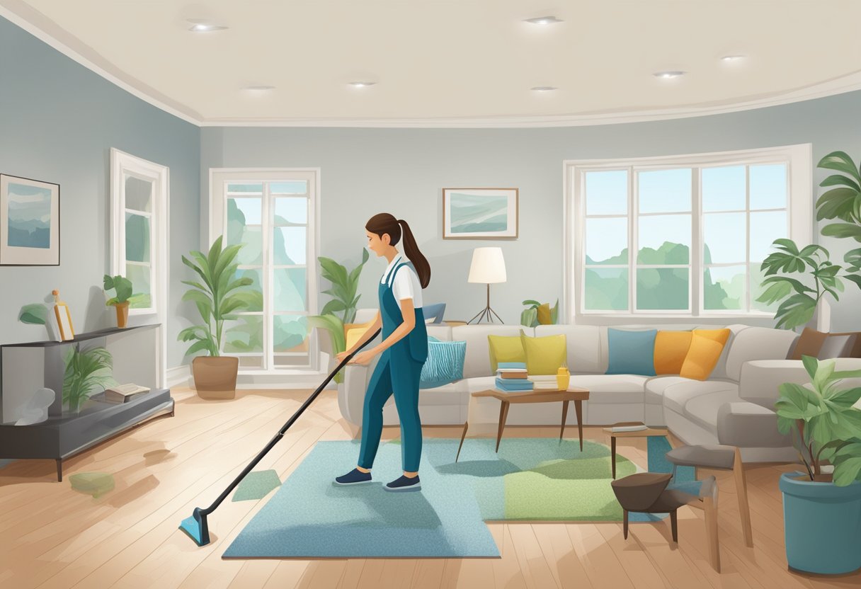 A person inspects and tidies a room, wiping surfaces and checking for any missed spots in preparation for the end of lease cleaning