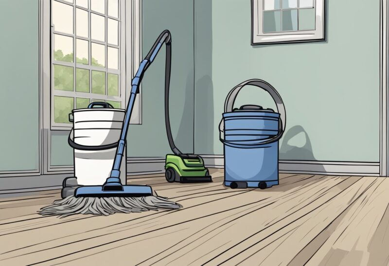 A vacuum cleaner, mop, and bucket sit in a sparsely furnished room. Dust and dirt are visible on the floors and surfaces, indicating the need for thorough cleaning