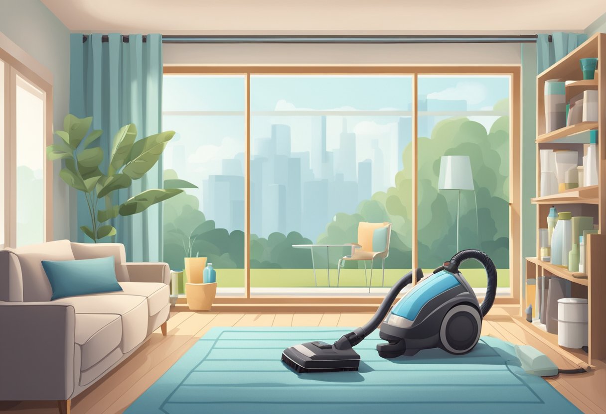 A vacuum cleaner sits in the middle of a tidy living room, with a stack of cleaning supplies nearby. The windows are open, letting in natural light